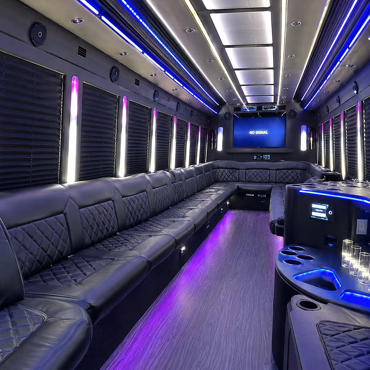 Interior of a party bus rental serving Nashville